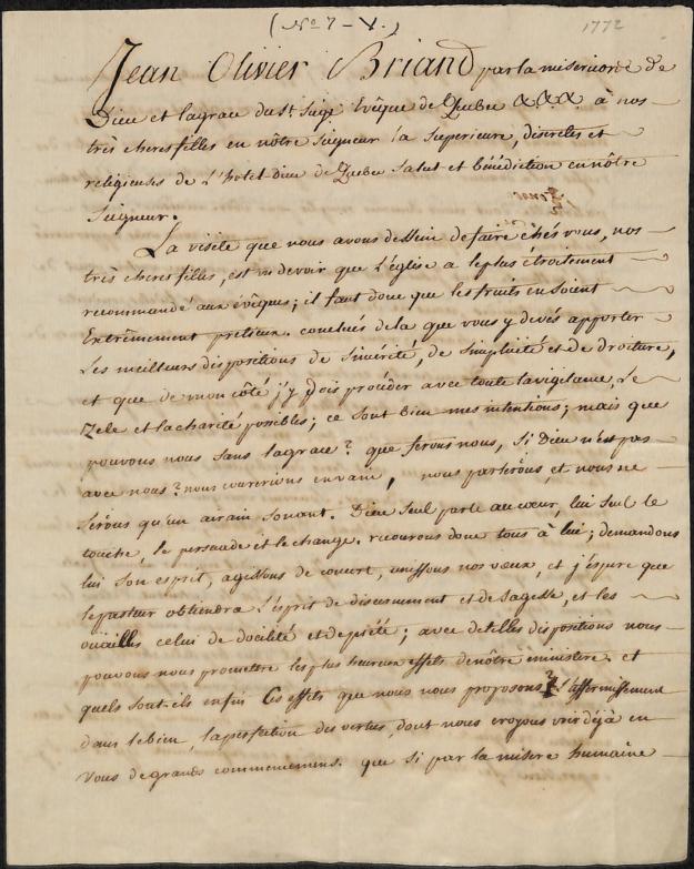 Lettre de Monseigneur Briand aux religieuses de l'HôtelDieu de Québec