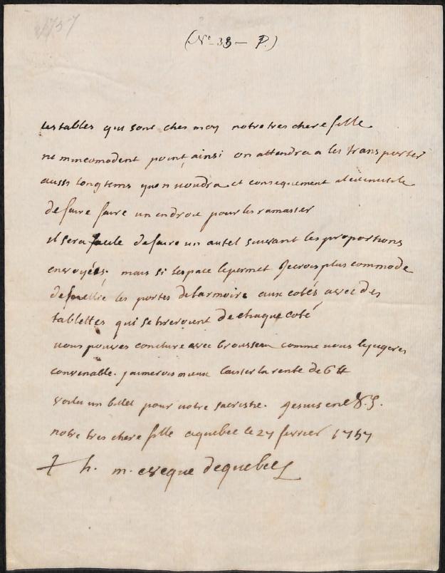 Lettre de Monseigneur de Pontbriand à la supérieure de l'Hôtel-Dieu de ...